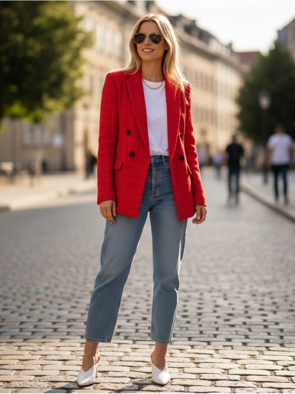 Classic French Girl Textured Tailored Tweed Double Breasted Blazer Red Work